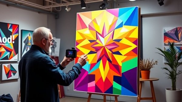 Hastings Art Gallery Peter Marin Exhibition poster with vibrant geometric patterns.