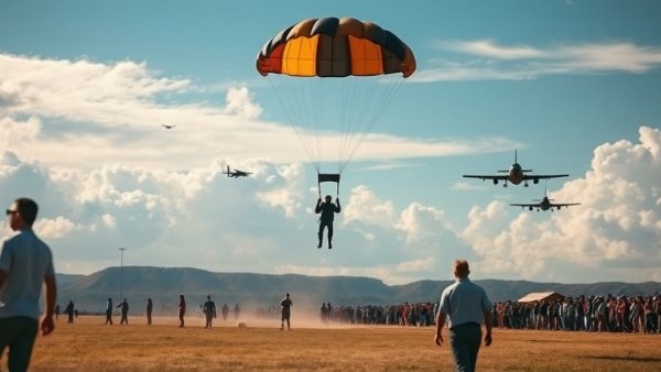 Parachutist landing at Weekend in the Sandhills event with crowd and aircraft.