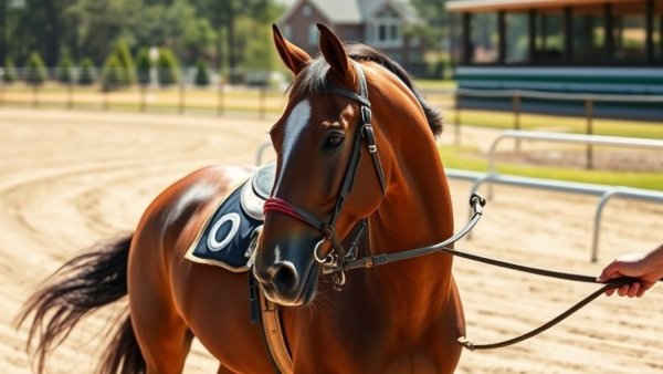 Standardbred horse in training at Pinehurst, harnessed, sandy track.