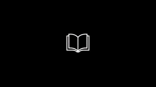 Minimalistic logo with book icon and text on black background.