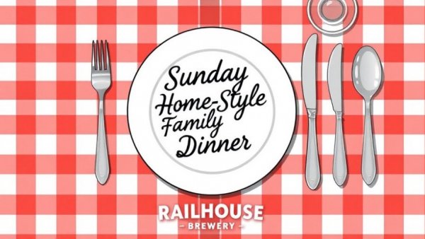 Railhouse Brewery Sunday Supper table setting with checkered tablecloth.