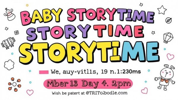 Colorful flyer for Baby Storytime Events with event details.