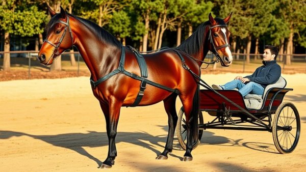 Majestic Standardbred horse training at Pinehurst, on sandy track.