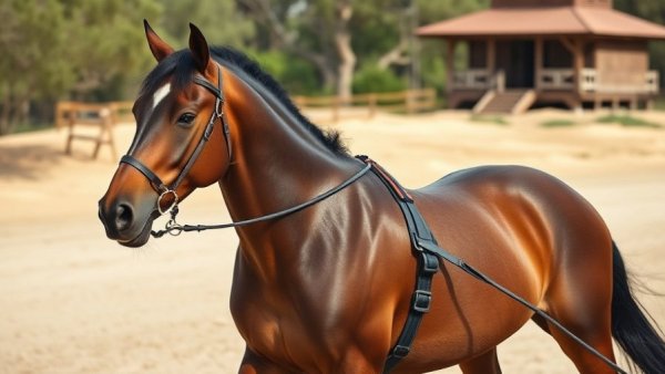 Standardbred horse in training harness on a sandy track.