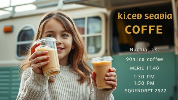 Coffee for Claire Fundraiser: Young girl holding iced coffee in front of truck.