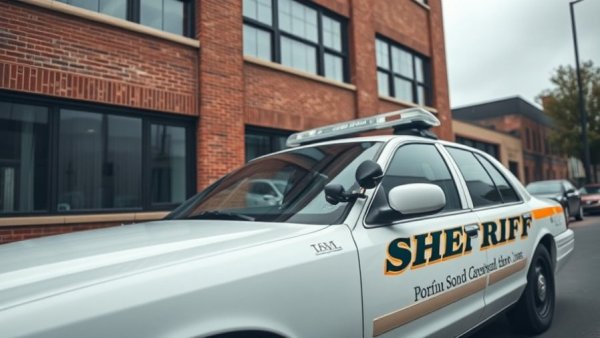Sheriff's patrol car outside a bank, related to Seven Lakes bank robbery.