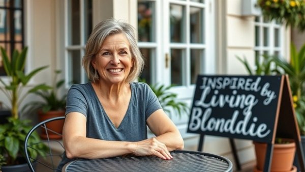 Inspired Living by Blondie sign with a smiling woman outdoors.