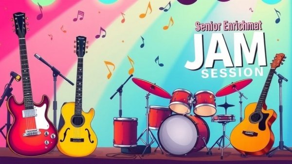Senior Enrichment Center Music Open Jam Session poster with instruments.