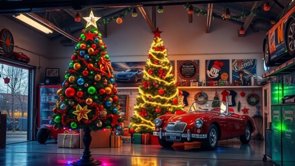 High Octane Holiday Garage Pop Up with decorated Christmas tree.