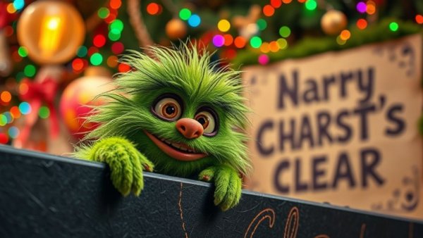 Whimsical creature at Whobilation Celebration Event with lights and sign.