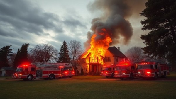 Emergency response scene: slow cooker causes house fire, smoke and fire trucks.