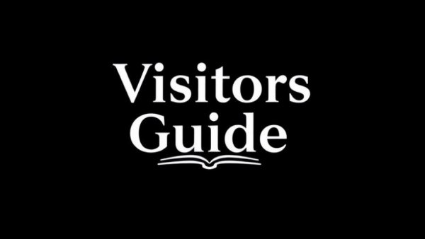 Minimalistic 'Visitors Guide' text with book icon on black background.