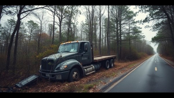 Abandoned truck crash scene in Robbins forest with emergency vehicle.