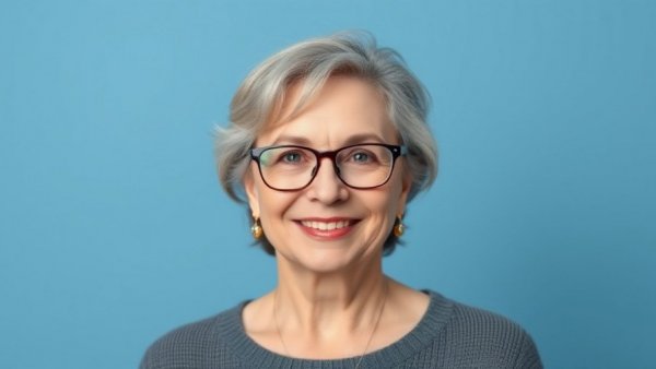 Cheerful woman smiling, blue background.