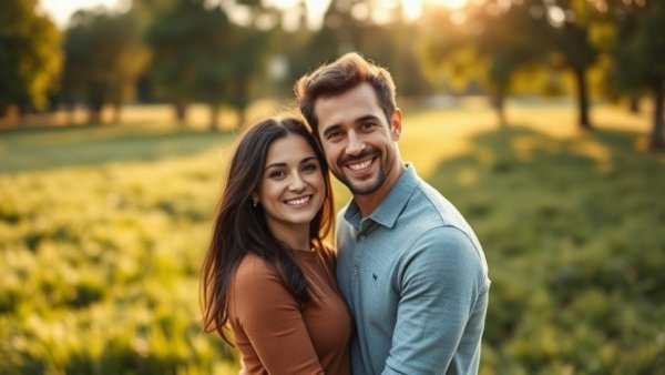 Couple smiling gently in a serene outdoor setting with sunlight.