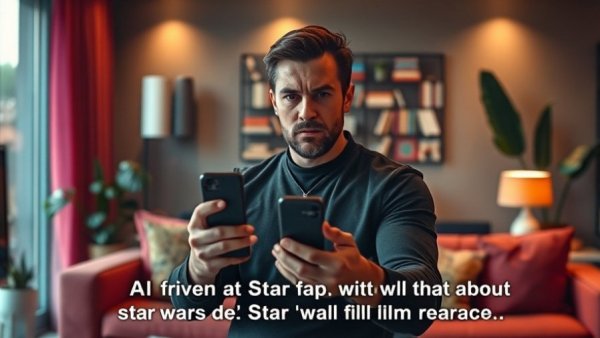 AI-Driven Star Wars Fan Film scene with man holding phone indoors.