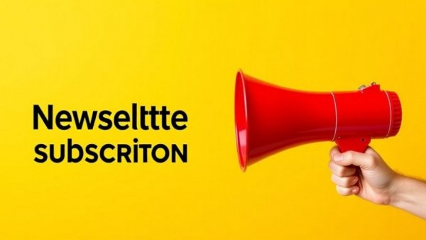 Newsletter subscription banner with megaphone on yellow background.