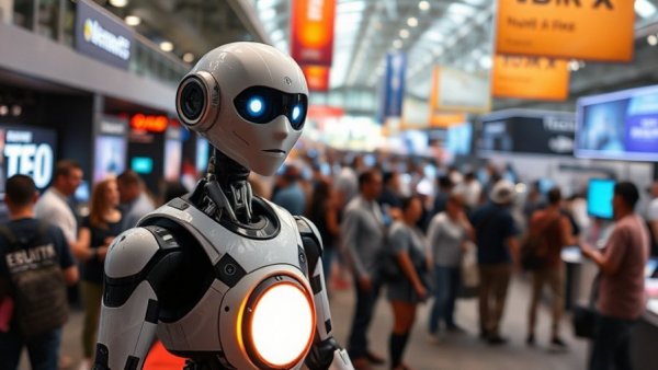 Futuristic AI robot at CES 2025 expo, showcasing advanced technology.