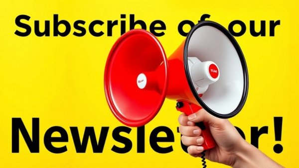 Megaphone over yellow background encouraging newsletter subscription.