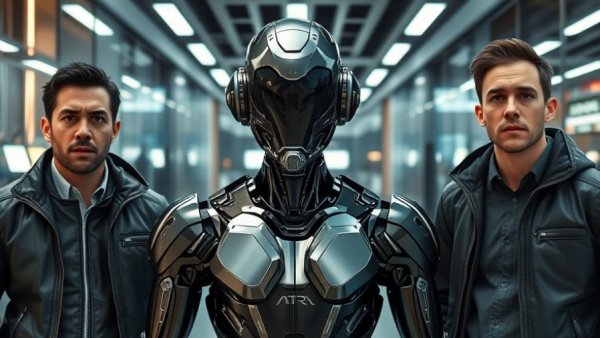 AI lock-in war depiction with humanoid robot in tech office.