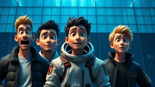 AI-generated 3D worlds concept with animated males and grid background.