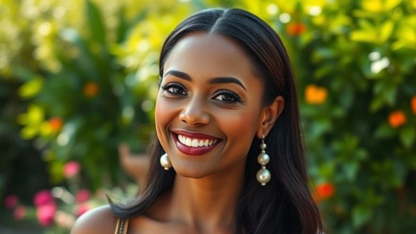 Smiling woman outdoors, vibrant foliage, support entrepreneurs in Moore County.