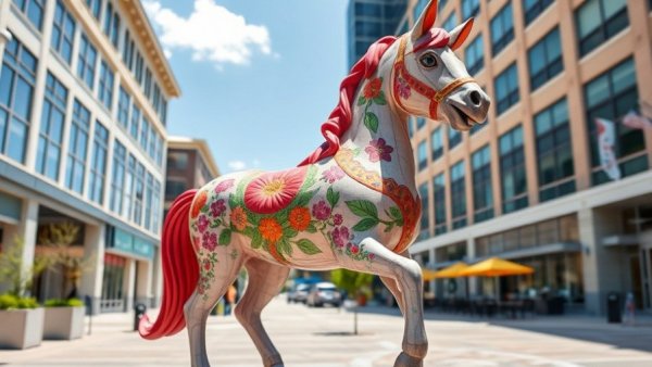 Vibrant pony statue in Southern Pines during Painted Ponies Art Walk.