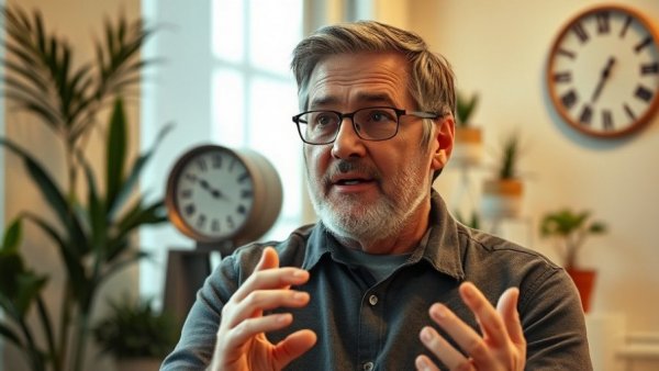 Casual man discusses China AI advancements indoors, lush decor.