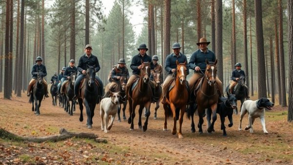 Equestrians with hounds in Sandhills forest, weekend adventure.