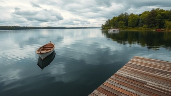 Serene lakeside with docked boats reflecting on calm water.
