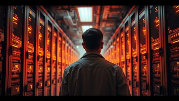 Concerned individuals observing AI compute crisis in data center.