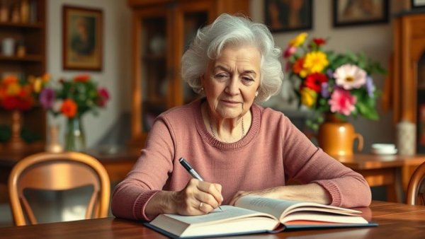 88-year-old author signs novel in cozy room.