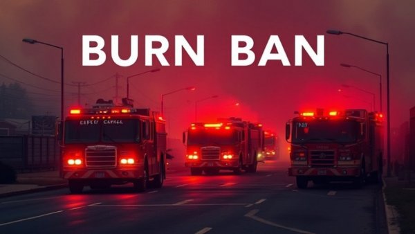 Moore County burn ban enforced with fire trucks on a smoky street.