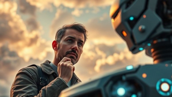 Opus 4.7 AI advancements with thoughtful individuals and futuristic structure.