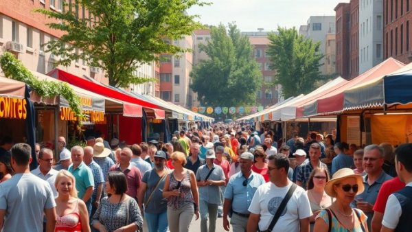 Vibrant market scene during a weekend in the Sandhills with people browsing stalls.
