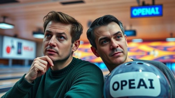 Two men in bowling alley with OpenAI ball, ChatGPT Images 2.0