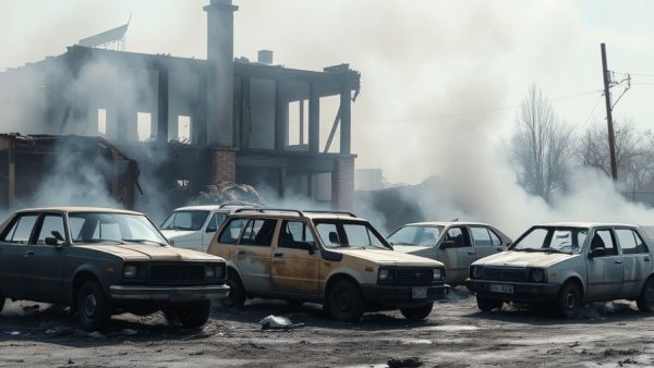 Aberdeen fire smoke visible around burned vehicles.