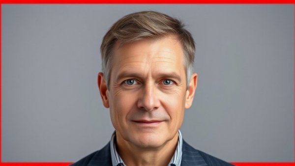 Neutral-expression middle-aged man portrait against gray backdrop.