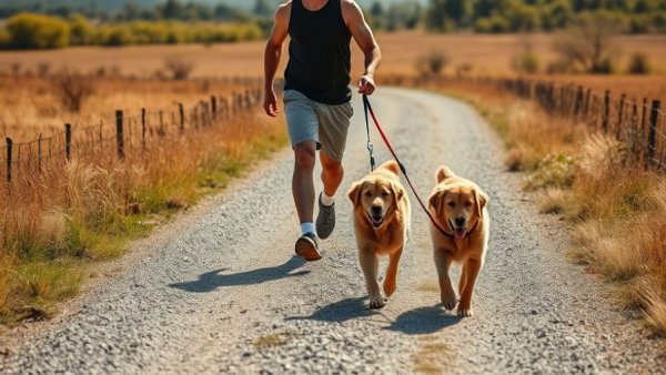 Athletic man walking cloned retrievers on gravel path in sunny countryside.