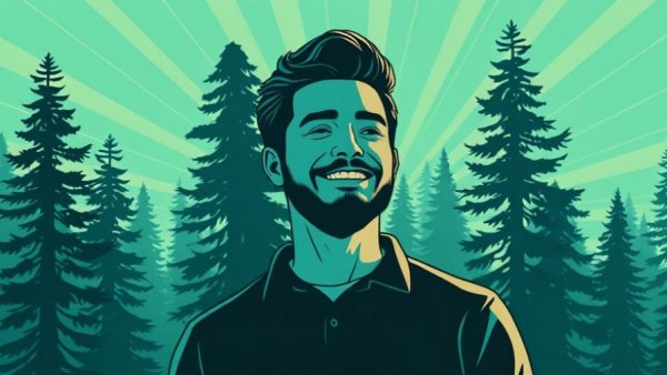 Stylized portrait of Richard Mandell with graphic text overlay.