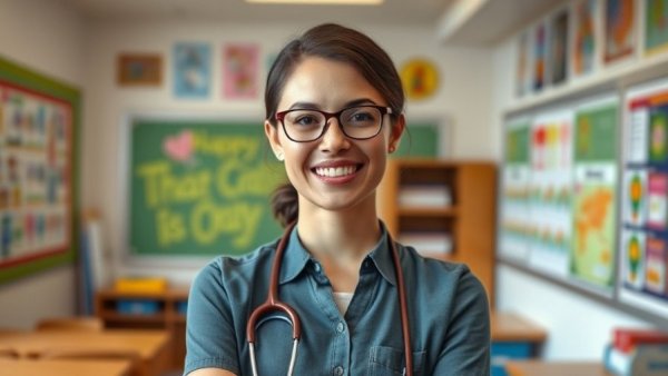 Holly Cirillo, cheerful teacher in colorful classroom setting.