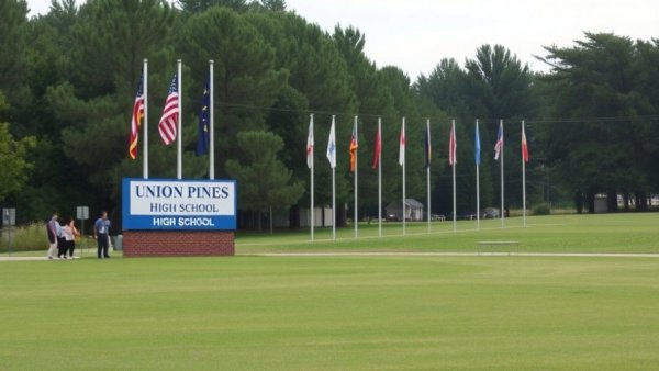 Union Pines High School sign amidst flags and trees under cloudy skies.