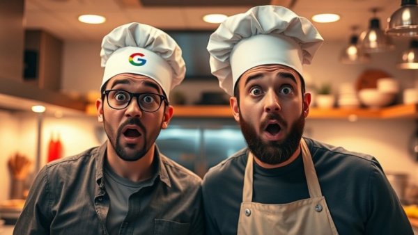 Google I/O AI Innovations humorous concept with men and Google logo in kitchen.