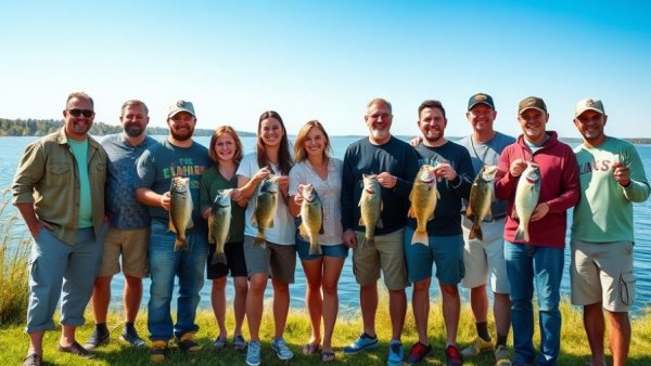 Group at Lake Auman Bass Tournament with lake in background