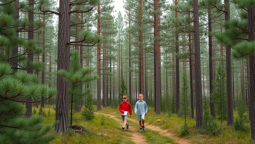 Children enjoying family activities in a pine tree forest during outdoor adventures.