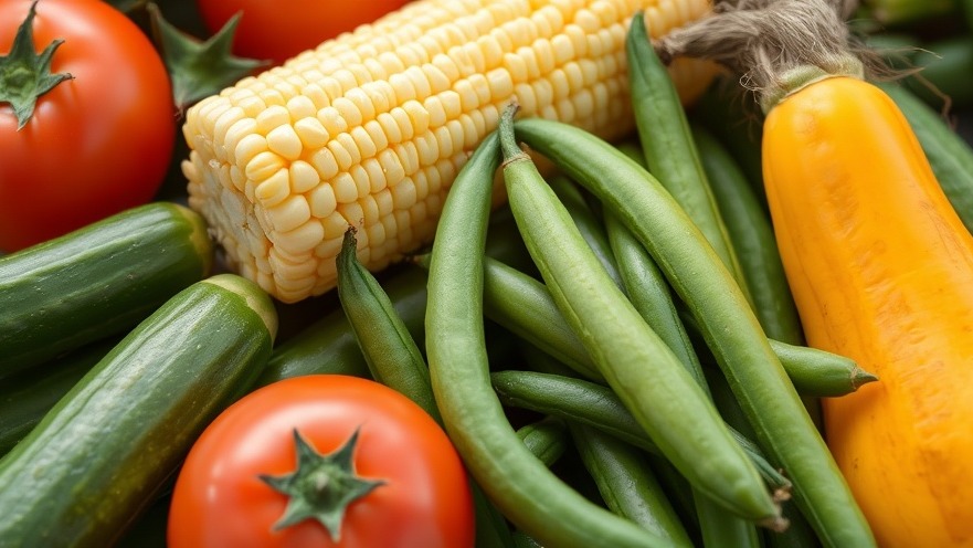 Fresh local produce including tomatoes, cucumbers, and squash at a family-friendly event.
