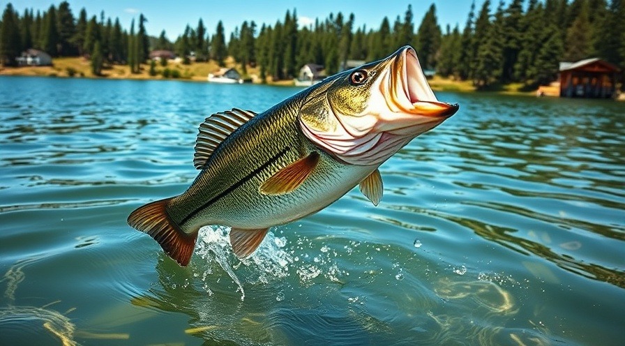Photorealistic large bass jumping in clear lake, showcasing local anglers' fishing community.