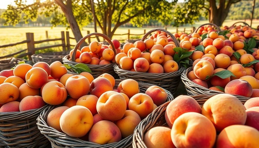 Fresh peaches in baskets at Sandhills, showcasing vibrant colors.