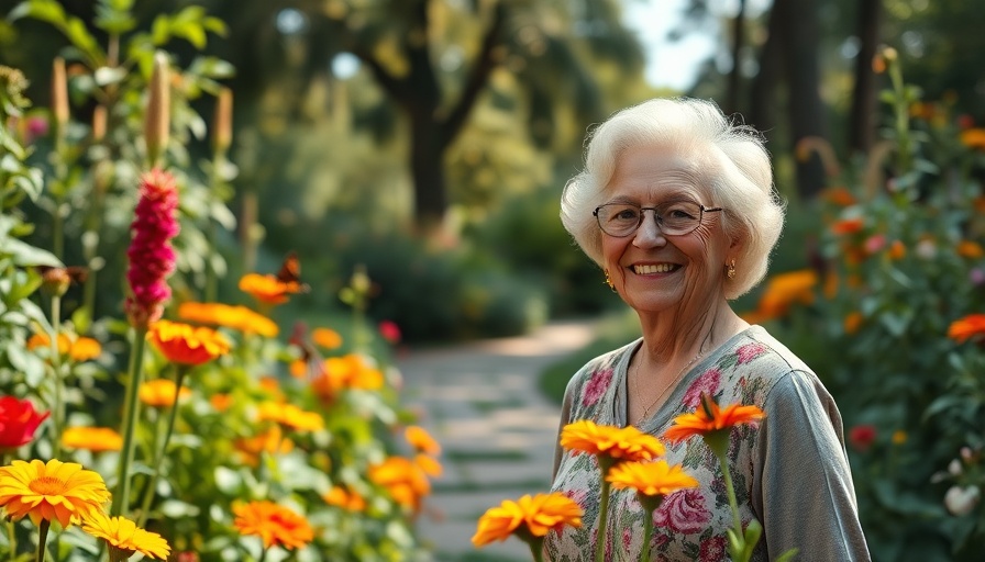 Jo An Moses butterfly garden with an elderly woman and vibrant flowers.