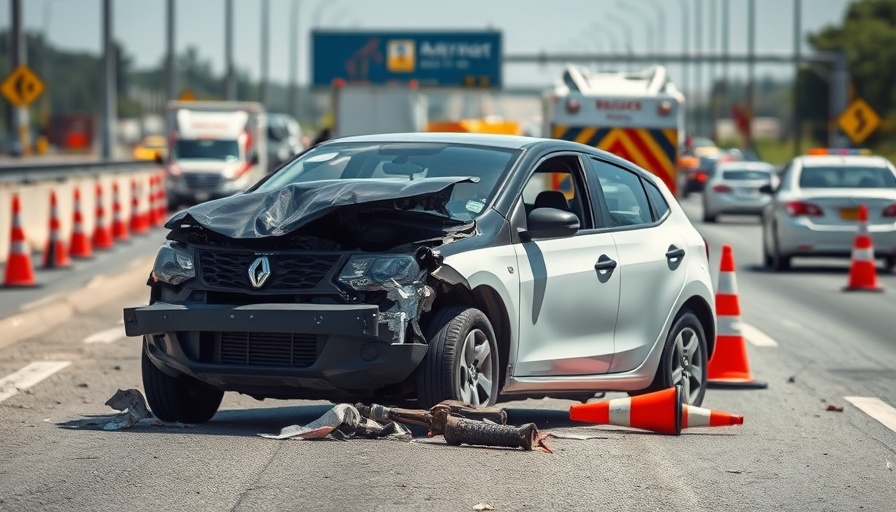 Head-on crash on Highway 211 featuring damaged car and responders.